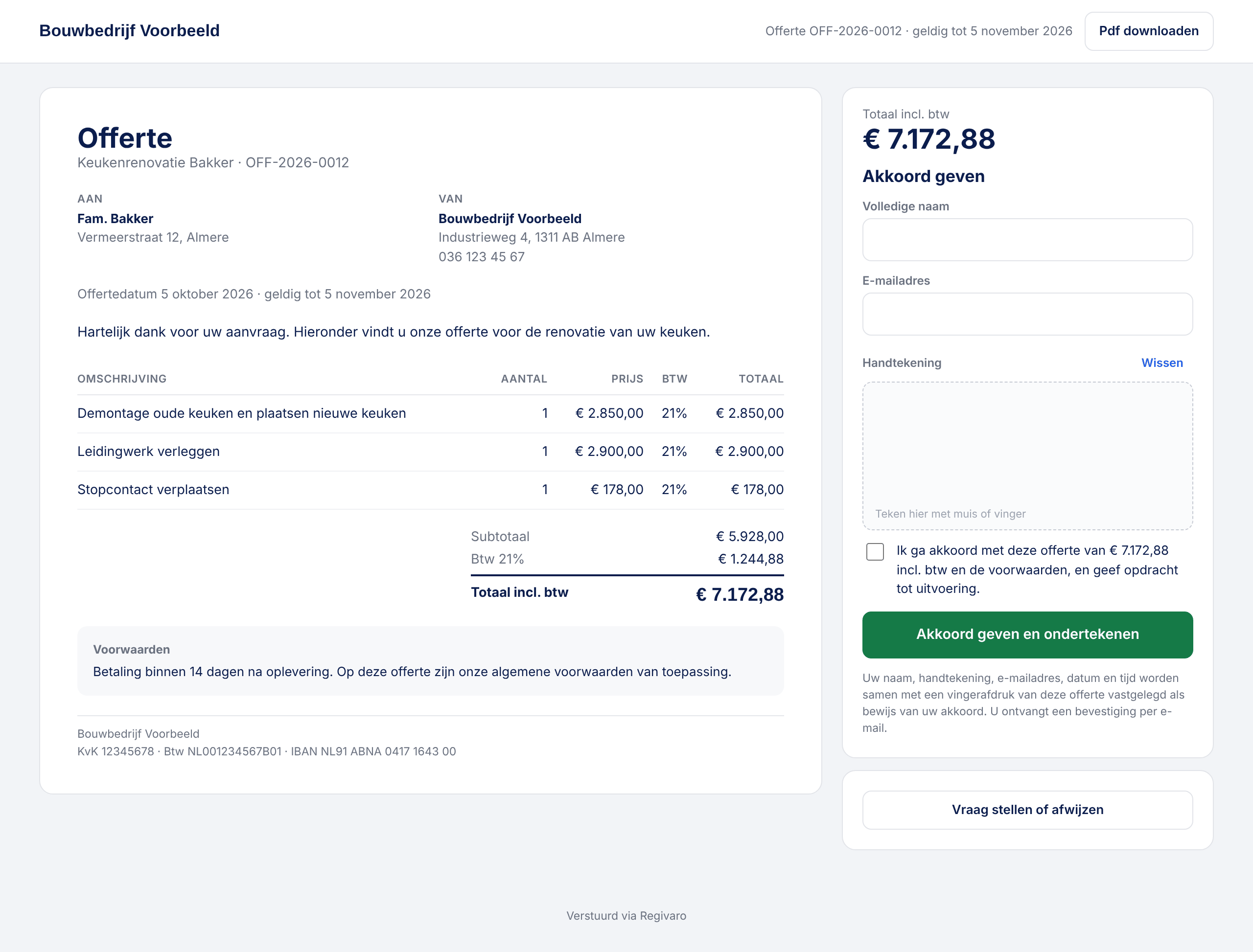Offerte die de klant online bekijkt en tekent
